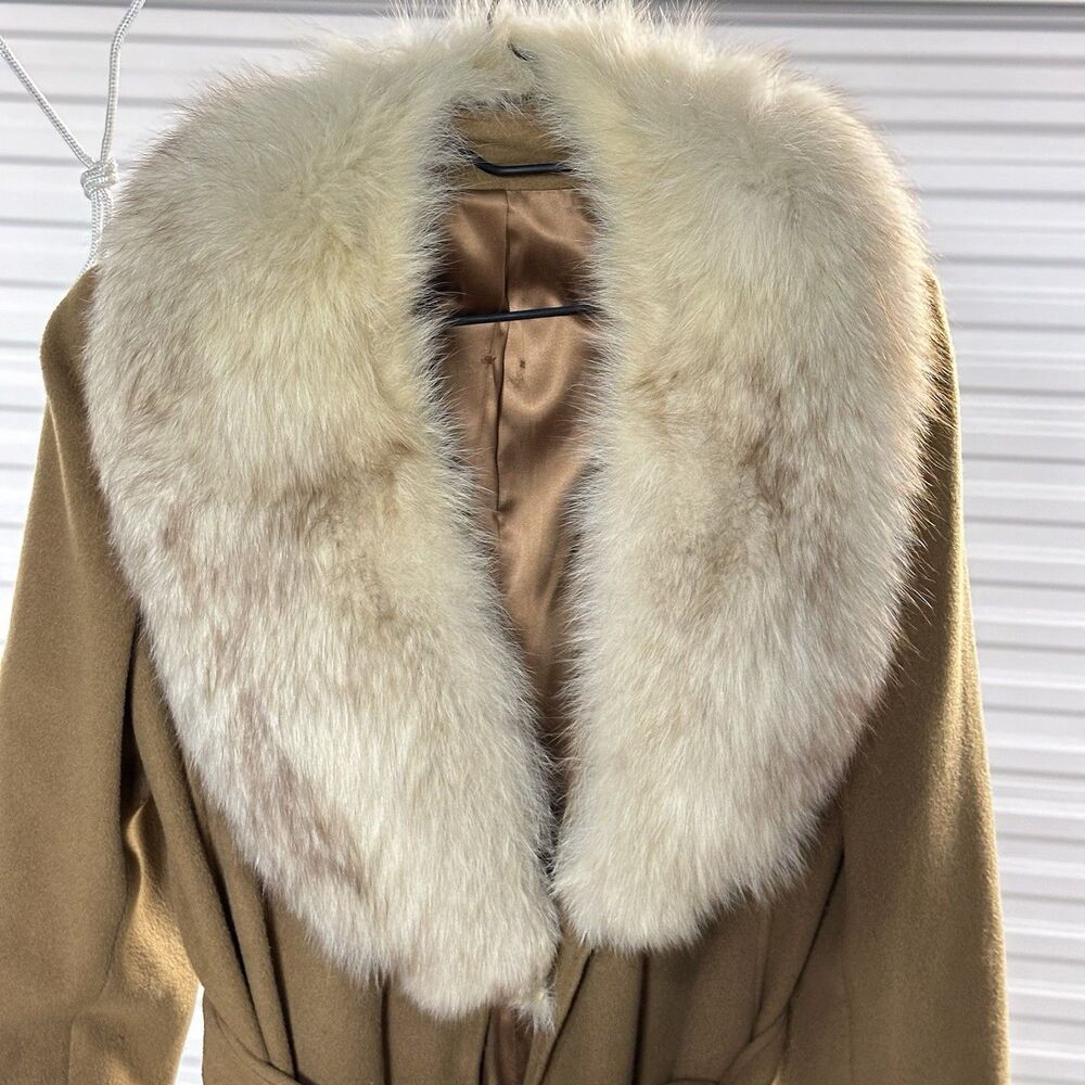 Vintage Regency Cashmere Coat Women Medium 70s Glam Fashion Fox Fur Long Brown - Picture 7 of 14